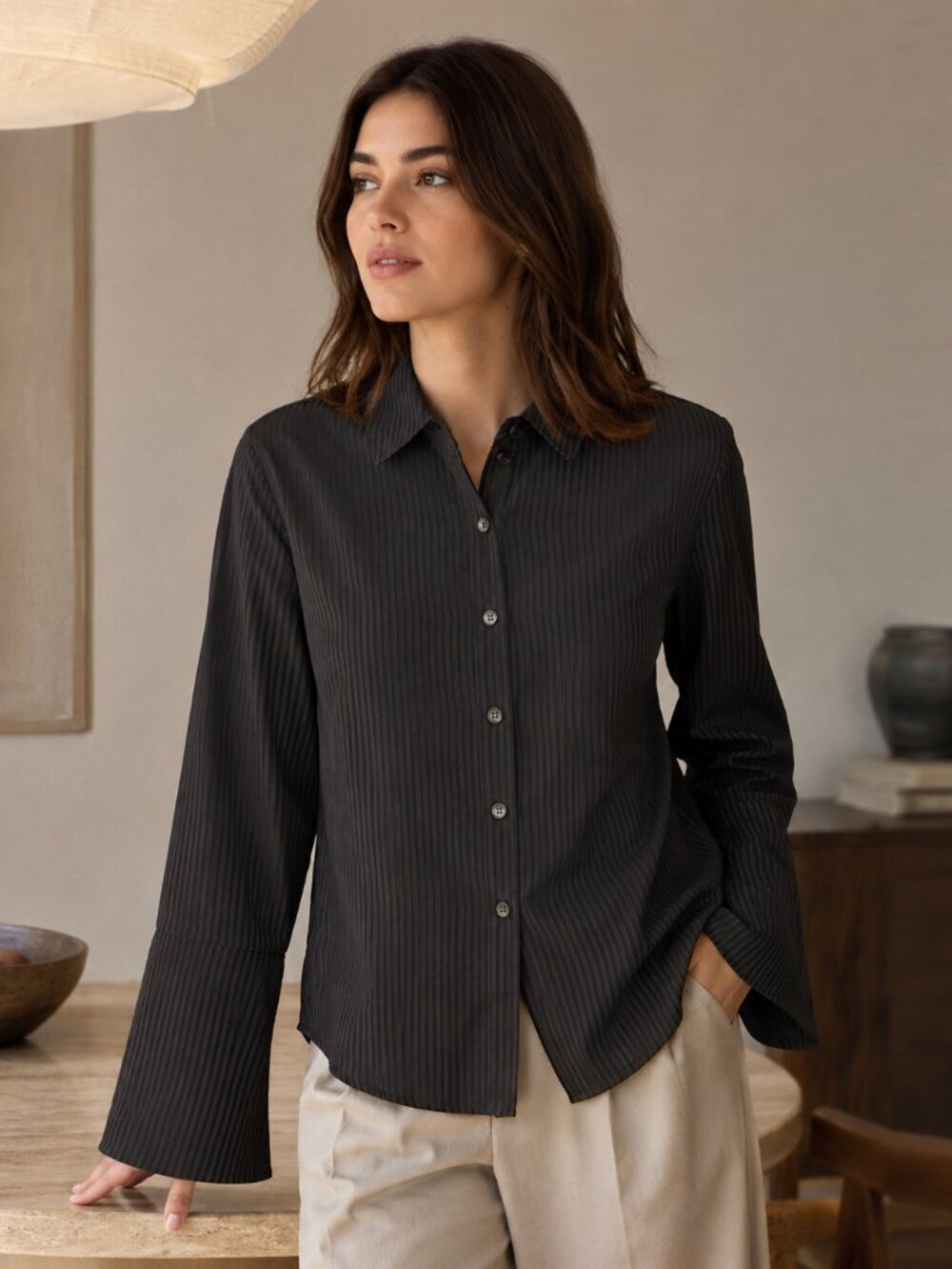 For The Republic Black Striped Button Up Shirt Size M NWT Career Work Office - Picture 3 of 6